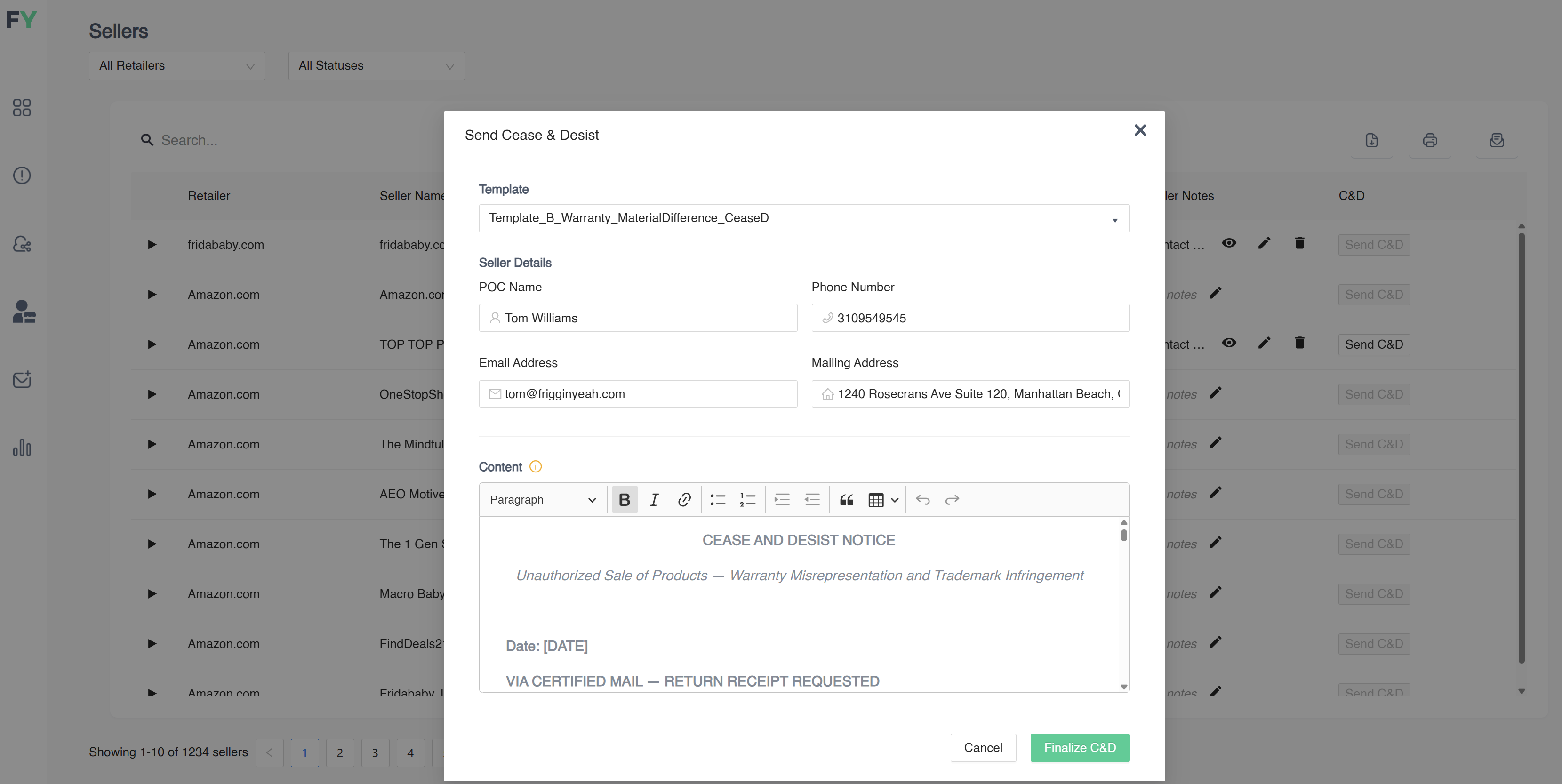 Send Cease & Desist modal with template selector, seller details, and certified-mail letter content